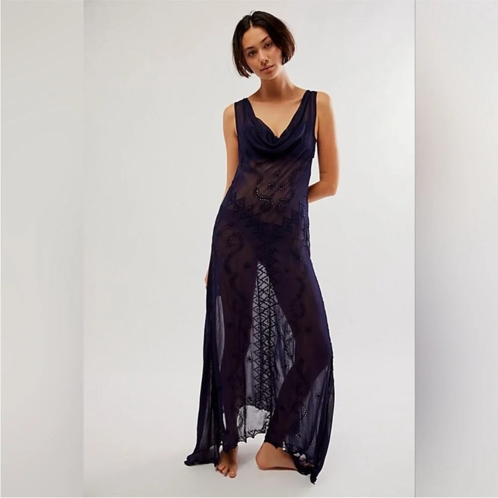Free People Yours Truly Navy Embroidered Cowl Neck Sheer Maxi Slip Dress Small